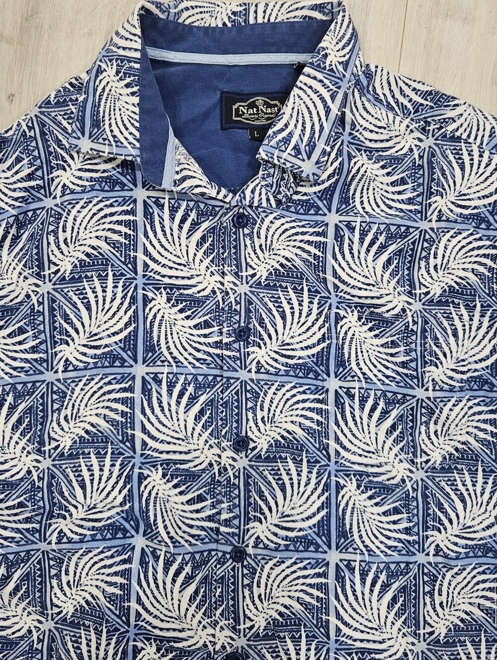 Nat Nast Silk Blend Blue White Hawaiian Camp Button Shirt Sz L Tropical Resort